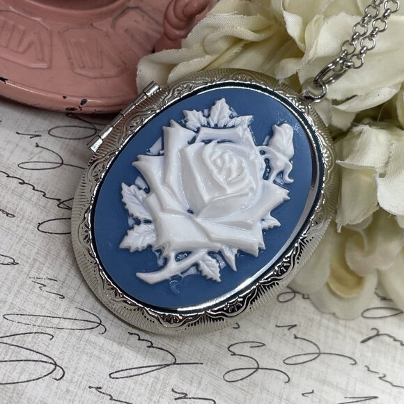 Silver Locket Setting Dusty Blue Teal Blue Rose Cameo White Mom Daughter Keepsak - Picture 13 of 13